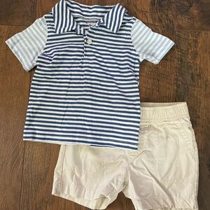 Carter's Navy and White Striped Polo with Cream Shorts